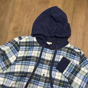 LL Bean Women’s Hooded Button Down Flannel Shirt Blue White Jacket Size Large